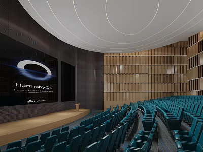 School Modern Auditorium With Large Screen Green Seats Wooden Wall And Curved Ceiling 3d model