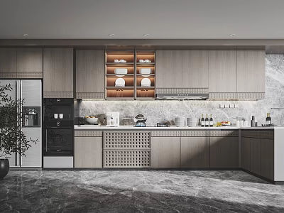 Modern Kitchen Interior With Wooden Cabinets Open Shelves Marble Countertop And Stainless Steel Appliances 3d model
