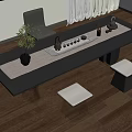 Modern Tea Table with Stylish Tea Set Mat Stools and Potted Plant Decor 3d model