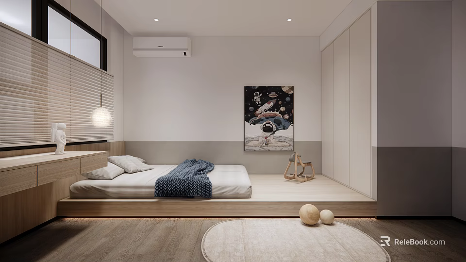 Modern Minimalist Kids Room With Platform Bed Starry Sky Painting Blue Blanket And Round Rug 3d model 