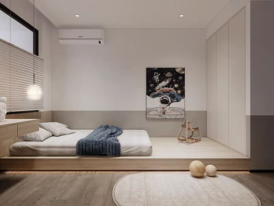 Modern Minimalist Kids Room With Platform Bed Starry Sky Painting Blue Blanket And Round Rug 3d model