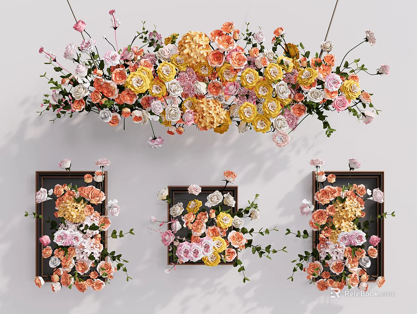 Elegant Floral Wall Decor With Multiple Frames And Colorful Blossom Design 3d model 
