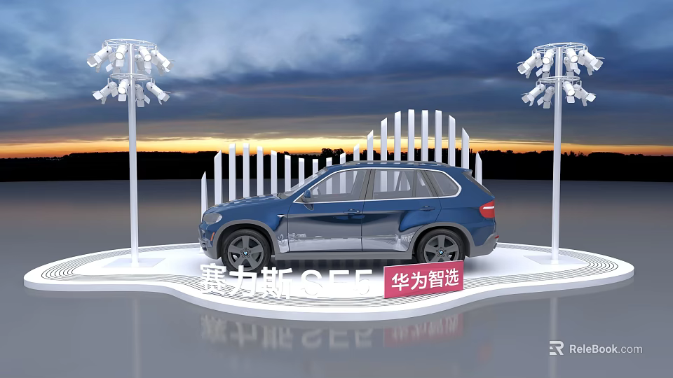 Seres SF5 SUV Photo Check in Spot With White Fence Decorative Lights And Sunset Backdrop 3d model 