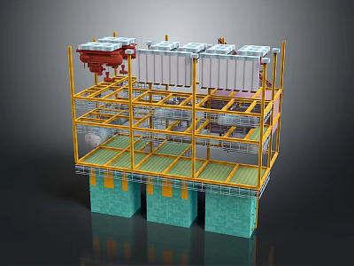 Industrial Multi Level Structure With Yellow Framework Blue Base White Equipment And Red Components 3d model