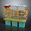 Industrial Multi Level Structure With Yellow Framework Blue Base White Equipment And Red Components