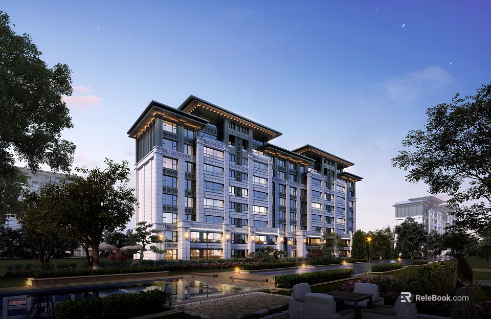 Multi Story Modern Residential Building with Glass Facade Surrounded by Trees and Water at Dusk 3d model 