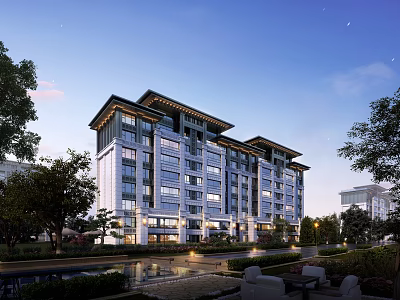 Multi Story Modern Residential Building with Glass Facade Surrounded by Trees and Water at Dusk 3d model
