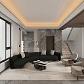 Modern Living Room Interior With Green L Shaped Sofa Beige Armchairs And Marble Accent Wall
