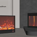 Modern Home Interior With Stylish Fireplaces Featuring Realistic Yellow Flame Wood Logs And Red Fire