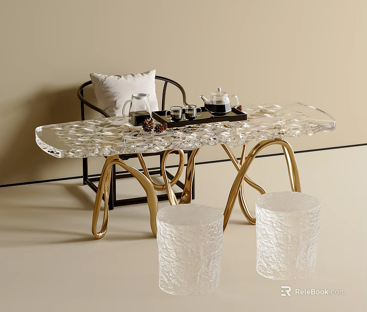 Transparent Textured Tea Table Set With Golden Legs Black Chair And White Cushion 3d model 