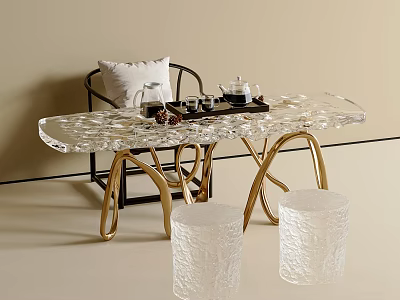 Transparent Textured Tea Table Set With Golden Legs Black Chair And White Cushion 3d model