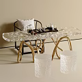Transparent Textured Tea Table Set With Golden Legs Black Chair And White Cushion