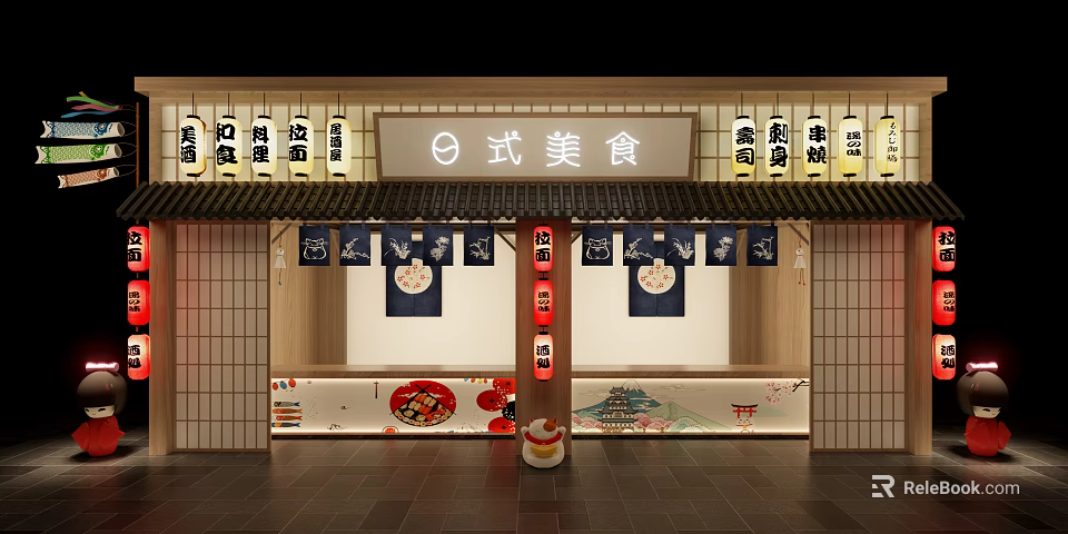 Authentic Japanese Restaurant Exterior With Traditional Lanterns And Wooden Signboard 3d model 