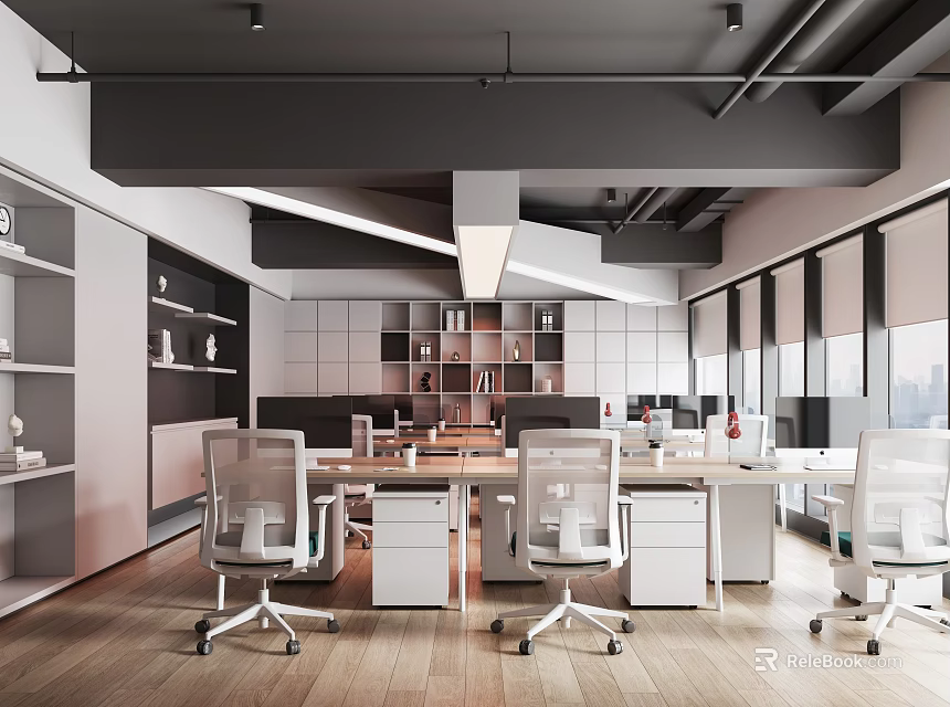 Modern Public Office Space With Open Layout Desks Ergonomic Chairs Bookshelves And Large Windows 3d model 