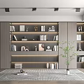 Modern Wooden Bookcase Interior With Books Decorative Ornaments Lighting And Potted Plant