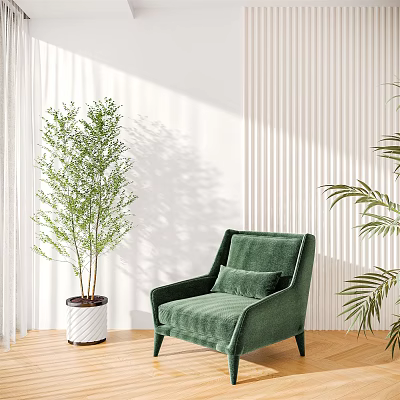 Green Accent Chair With Potted Plant Near White Ribbed Wall And Wooden Floor 3d model