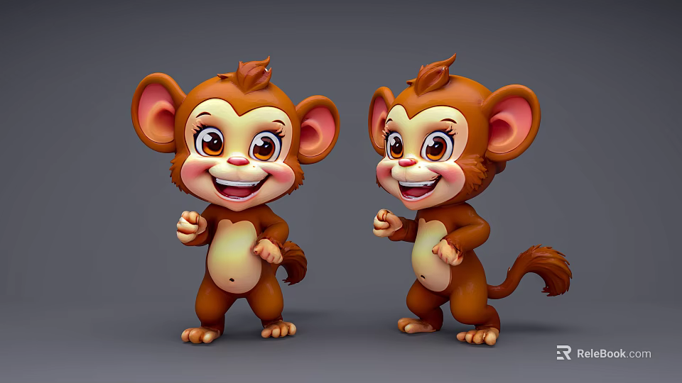 Adorable Brown Cartoon Monkey Dolls With Big Ears Smiling Faces And Standing Posture 3d model 