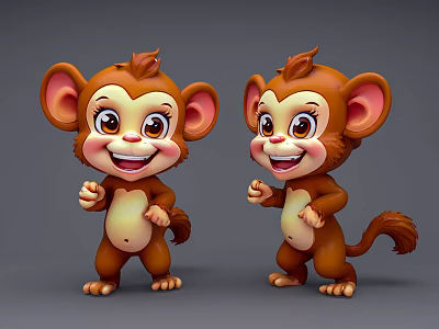Adorable Brown Cartoon Monkey Dolls With Big Ears Smiling Faces And Standing Posture 3d model