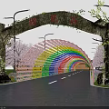 Road Infrastructure With Tree Shaped Archway Rainbow Colored Tunnel Cherry Blossom Trees And Street Lamps