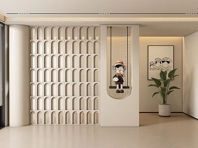 Modern Minimalist Foyer Hallway With Arched Hollow Partition Figurine And Potted Plant 3d model