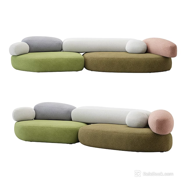 Modern Modular Double Sofa With Rounded Design And Colorful Green Brown Gray Pink White Cushions 3d model 