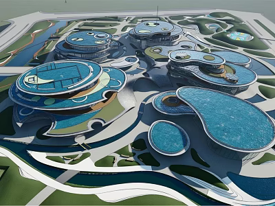 Modern Commercial Complex With Unique Architectural Shapes Blue Roofs Green Spaces And Water Features 3d model