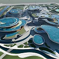Modern Commercial Complex With Unique Architectural Shapes Blue Roofs Green Spaces And Water Features