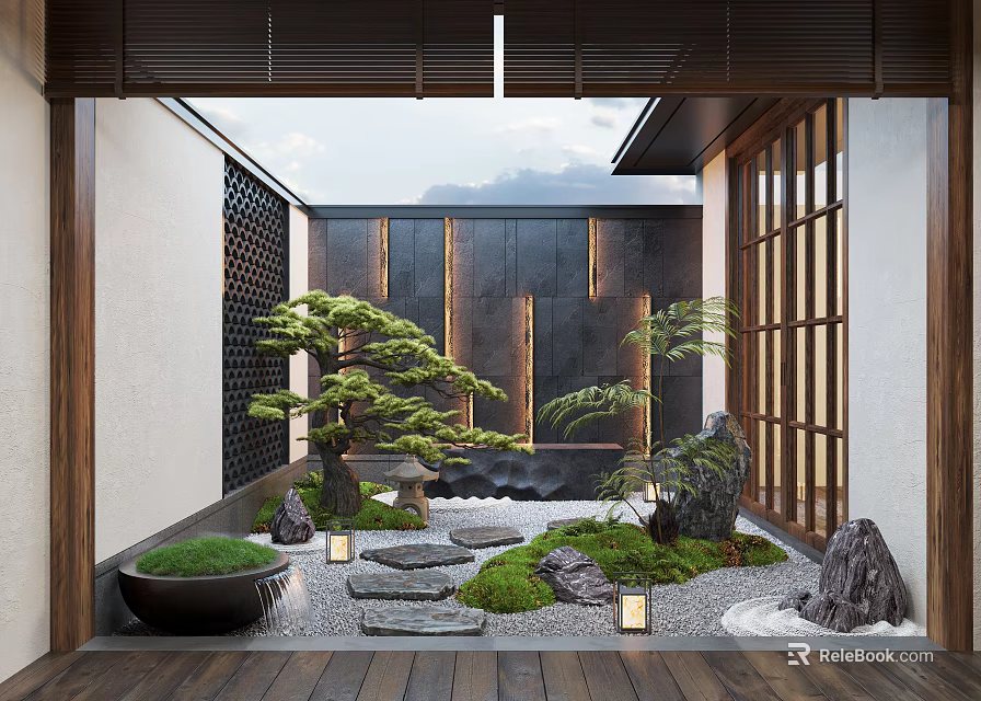 Traditional Japanese Garden with Dry Landscape Stepping Stones Pine Trees Stone Lanterns and Mossy Ground 3d model 