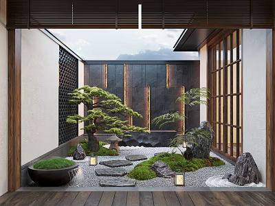 Traditional Japanese Garden with Dry Landscape Stepping Stones Pine Trees Stone Lanterns and Mossy Ground 3d model