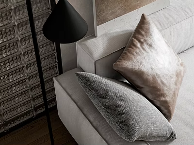 Modern Living Dining Room With Sofa Pillows Floor Lamp And Brick Wall Artwork 3d model