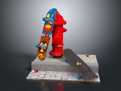 Colorful and Dark Skateboards Near Red Fire Hydrant on Brick Paved Stone Platform 3d model