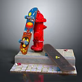 Colorful and Dark Skateboards Near Red Fire Hydrant on Brick Paved Stone Platform