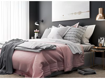 Modern Double Bed With Pink Bedspread Gray Blanket Geometric Pillows And Bedside Lamp In Bedroom 3d model