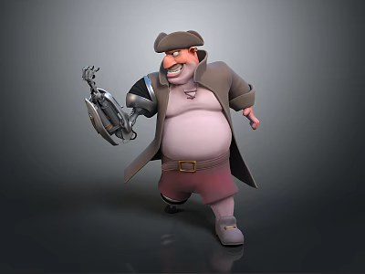 Cartoon Style Game And Movie Character With Brown Hat Leather Coat Metal Hook Chubby Build And Red Shorts 3d model