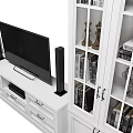 White Modern TV Stand With Glass Front Cabinets Drawers And Speakers