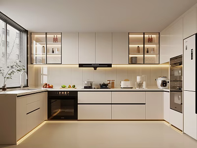 Modern Kitchen Interior Design With White Cabinets Island Counter And Built-in Appliances 3d model