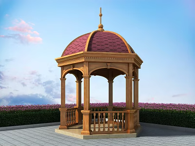 Wooden Gazebo With Red Dome In Purple Flower Field And Blue Sky 3d model
