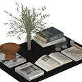 Ornament Decor Set With Books Vase Green Plant Wooden Bowl And Glass Cups On Tray
