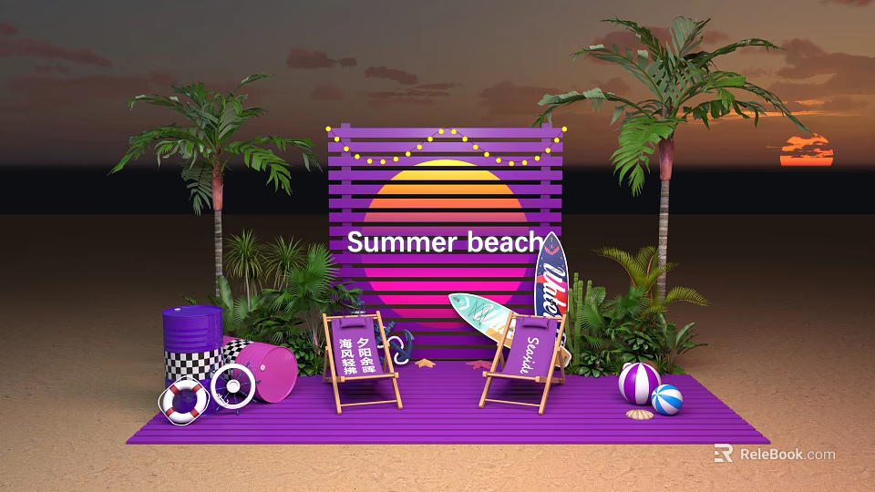 Summer Beach Photo Check In Spot With Purple Backdrop Sunset Design Palm Trees And Surfboard 3d model 