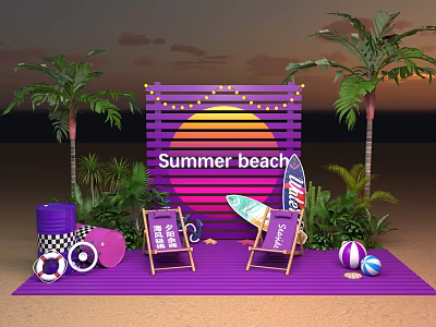 Summer Beach Photo Check In Spot With Purple Backdrop Sunset Design Palm Trees And Surfboard 3d model