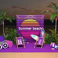 Summer Beach Photo Check In Spot With Purple Backdrop Sunset Design Palm Trees And Surfboard