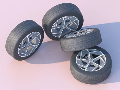 Four Modern Car Tires With Stylish Alloy Wheels And Silver Rims 3d model