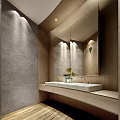 Modern Public Restroom With Dark Tile Walls Stalls And Wooden Pedestals