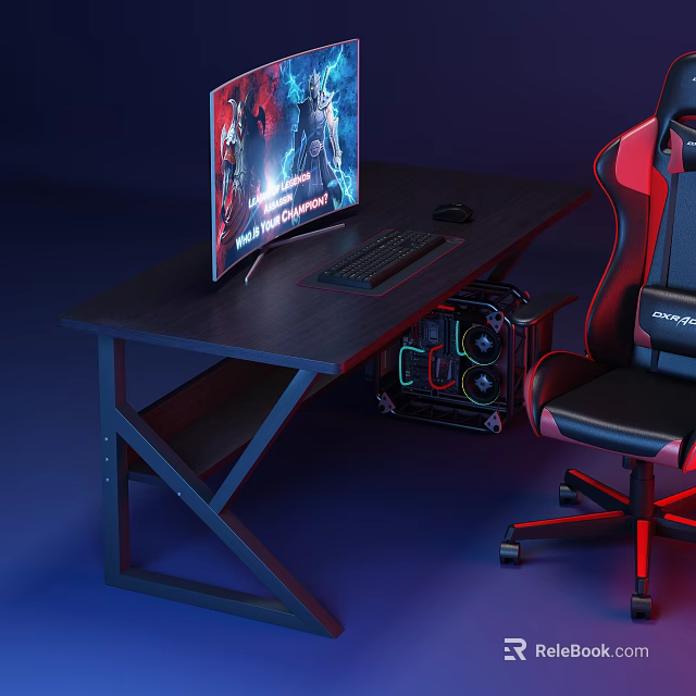 Modern Gaming Desk Setup With Monitor Keyboard Mouse And Ergonomic Red Chair 3d model 