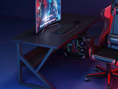 Modern Gaming Desk Setup With Monitor Keyboard Mouse And Ergonomic Red Chair 3d model