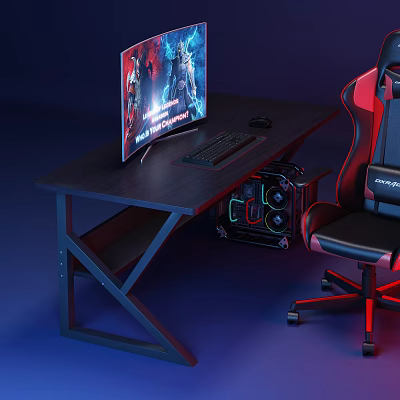 Modern Gaming Desk Setup With Monitor Keyboard Mouse And Ergonomic Red Chair 3d model