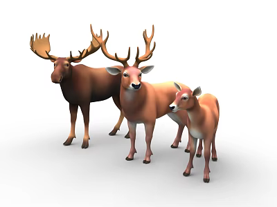 Three Deer Group With Different Sizes And Brown Fur Standing Together 3d model