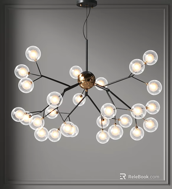 Modern Branch Design Chandelier With Transparent Spherical Bulbs And Metal Frame 3d model 
