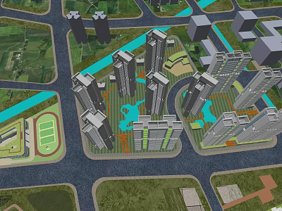 Modern High Rise Residential Community With Green Spaces Roads And Recreational Areas 3d model