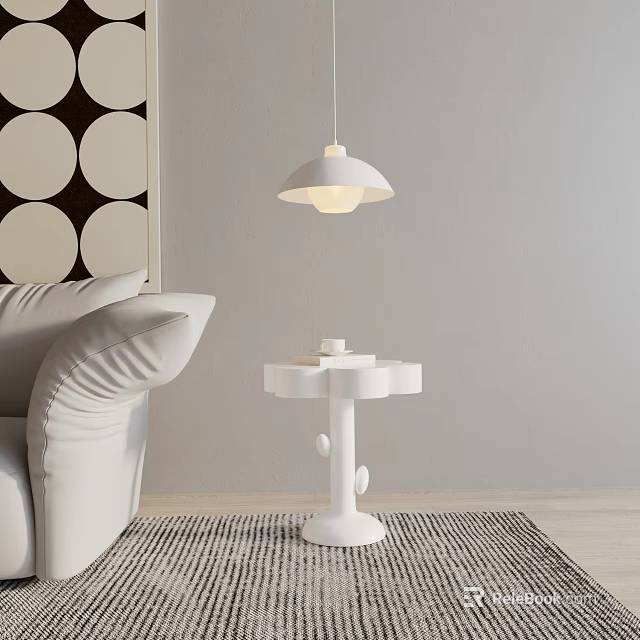 Stylish White Side Table In Living Room With White Sofa Hanging Lamp And Gray Rug 3d model 